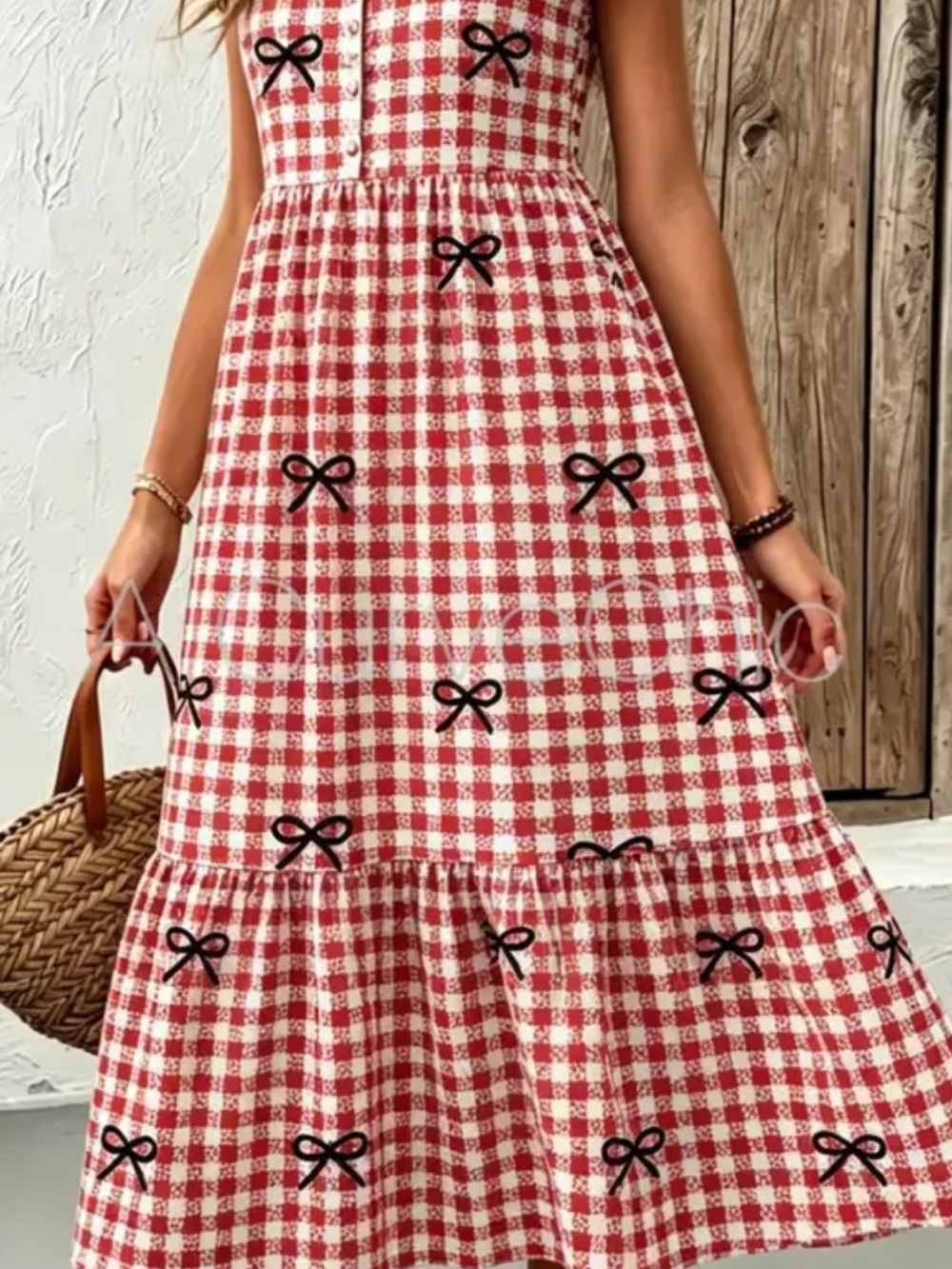 Temu  Red and White Gingham Midi Dress with Black Bow Accents